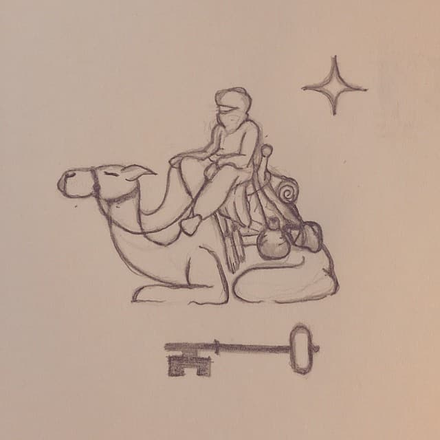 Graphite drawing of a camel and rider atop with a key underneath and star above