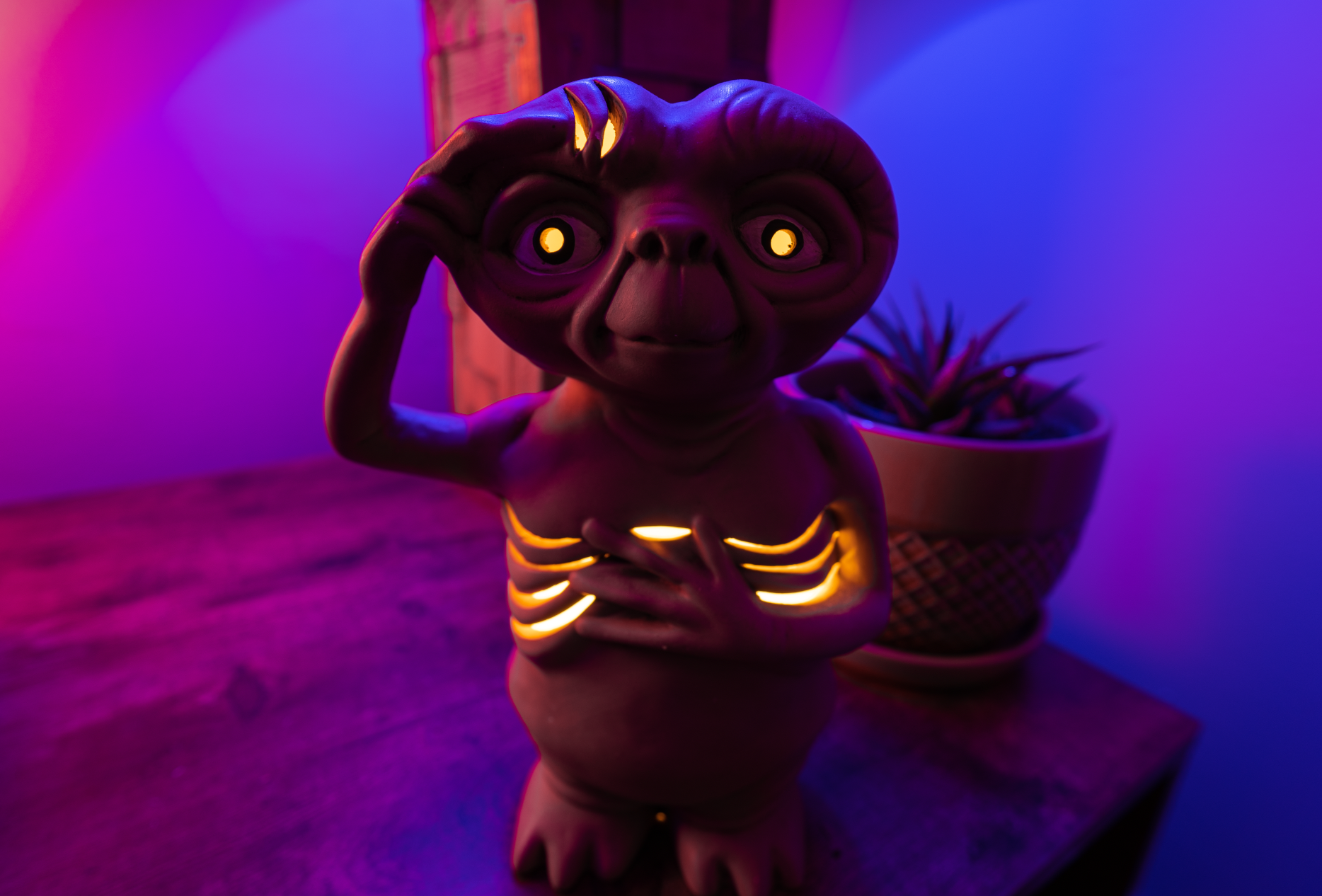 Lamp of ET, from the movie, with lit up eyes and rib cage
