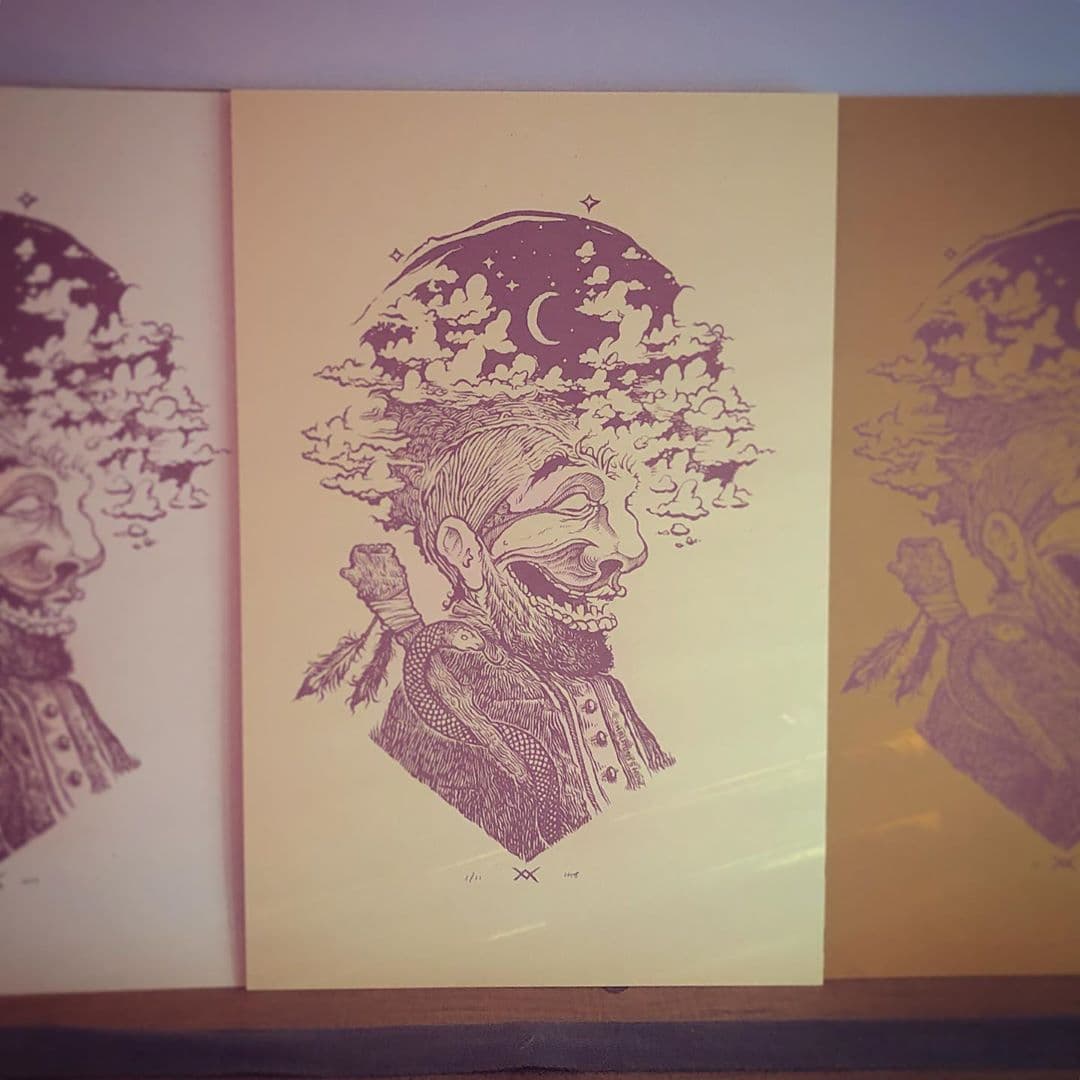 Screen print depicting a drawing of a profile bust of a man with a staff and snake winding up it