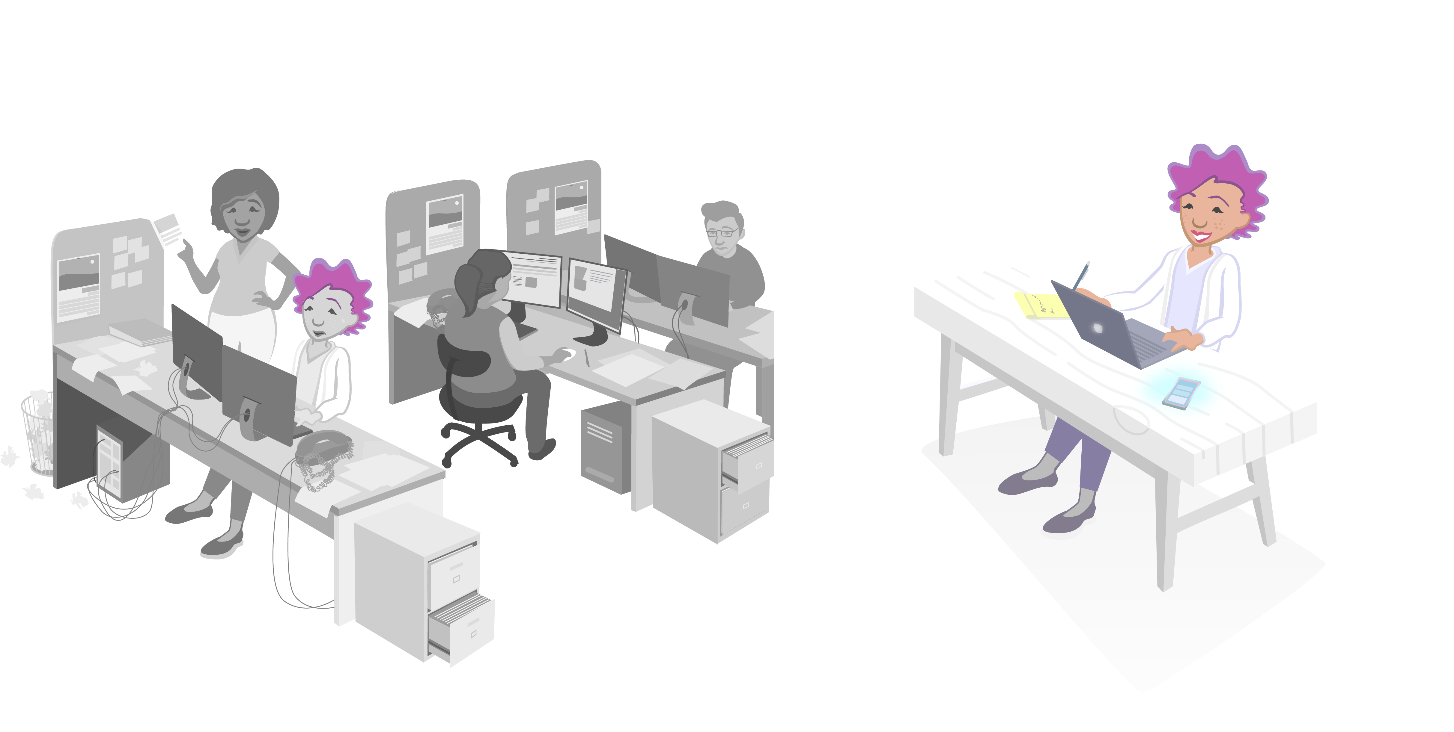 Digital illustration of a stressed looking woman surrounded by a busy, chaotic back office side-by-side to an after picture of her happyily sitting at a clean, clutter-free desk with a laptop, smartphone, and pen+paper