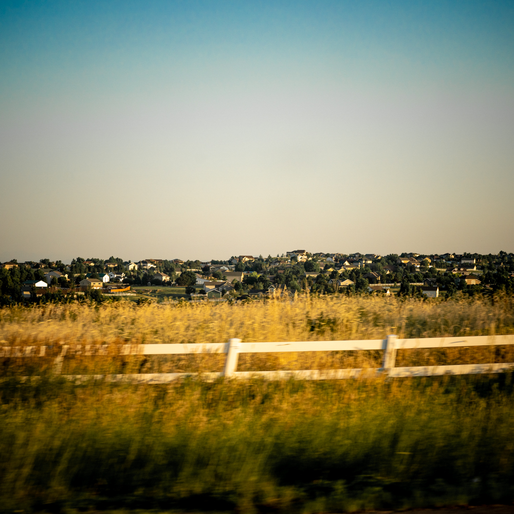 Sunsight light eluminates houses in a dense neighborhood, in the background, foreground grass and a bright fence moving quickly past 